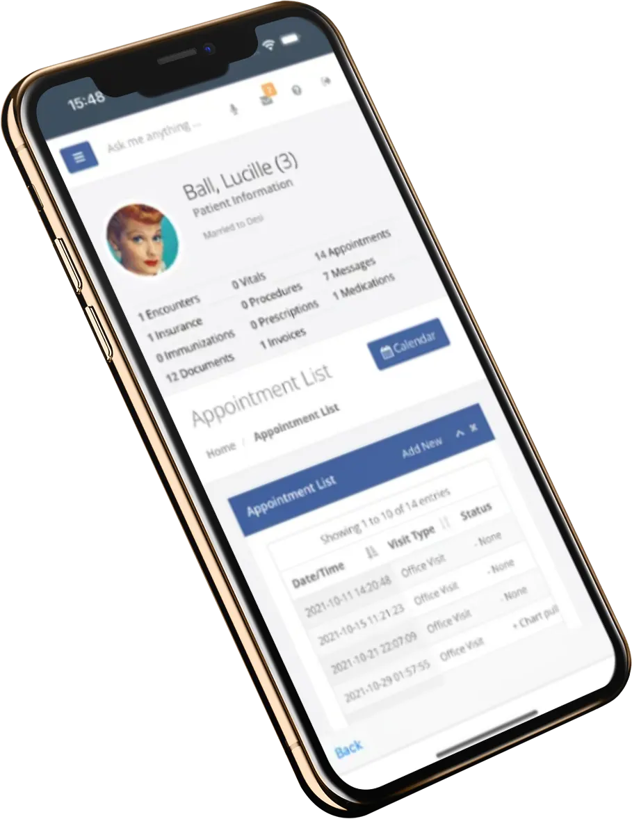 VEHRDICT iPhone app showing a patient chart and appointment list
