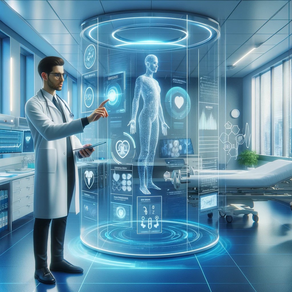 A healthcare professional in a white coat is interacting with a state-of-the-art, holographic EHR interface in a well-lit hospital room. The digital interface shows a 3D human body model and various health-related icons and graphs, indicating a futuristic approach to patient care management and data analysis.