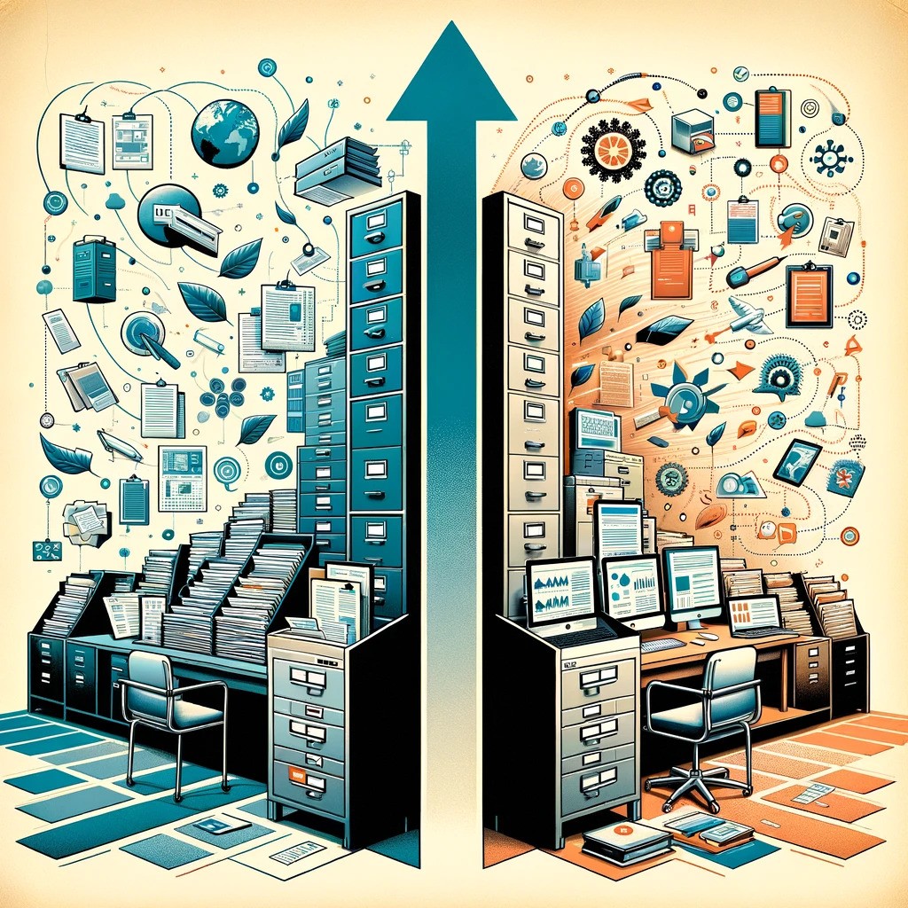Digital transformation in healthcare: a vibrant illustration depicting the evolution from paper-based records overflowing from file cabinets to sleek, modern digital displays showing Electronic Health Records (EHR) and Electronic Medical Records (EMR). The image symbolizes the shift towards interconnected, efficient, and secure electronic health systems, featuring elements of connectivity, data sharing, and a network of healthcare providers, set against a backdrop of innovation and patient care.