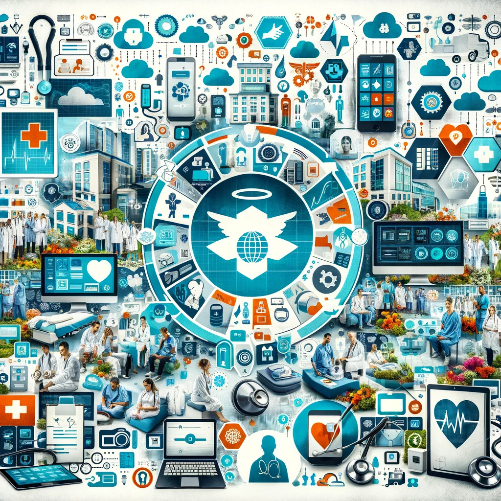 A collage depicting the integration of EHR and EMR systems in healthcare, featuring hospitals, clinics, technology like tablets and cloud symbols, and the seamless sharing of patient data among providers, symbolizing modernization and efficiency in healthcare.