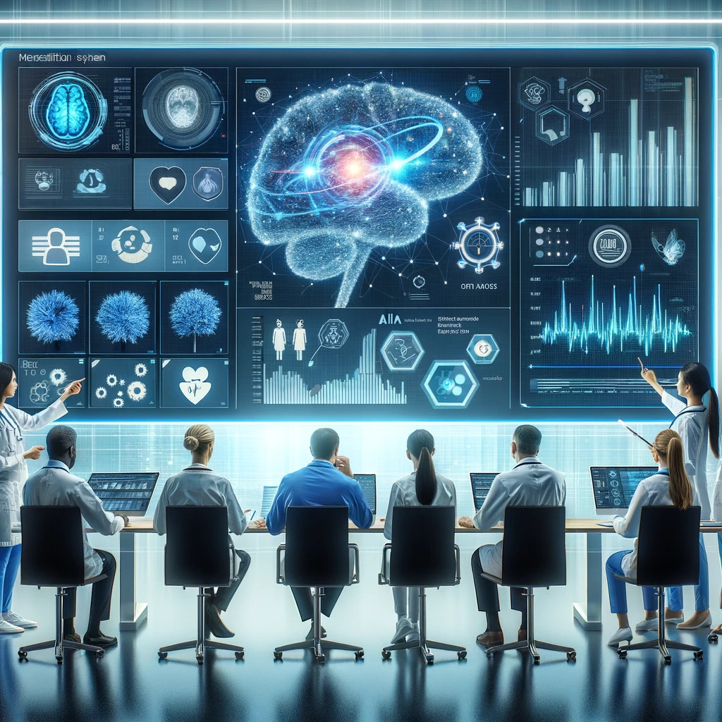 A group of medical professionals in a state-of-the-art control room collaboratively analyze data on a large, interactive display showcasing an advanced EHR system. The screen presents an array of patient data, health metrics, and AI-driven predictive analytics, with dynamic graphs and neural network illustrations emphasizing the integration of AI. The team is actively engaged in discussion, pointing towards the digital representations that symbolize a blend of high-tech innovation and collaborative patient care.