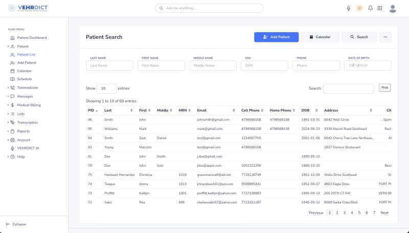 Patient Search Interface – Easily locate patient records using customizable criteria.