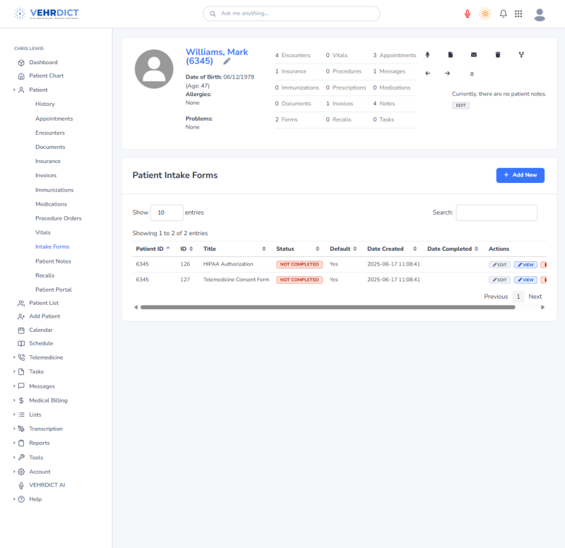 Patient Intake Forms – View assigned forms, completion status, and perform actions like edit or view.