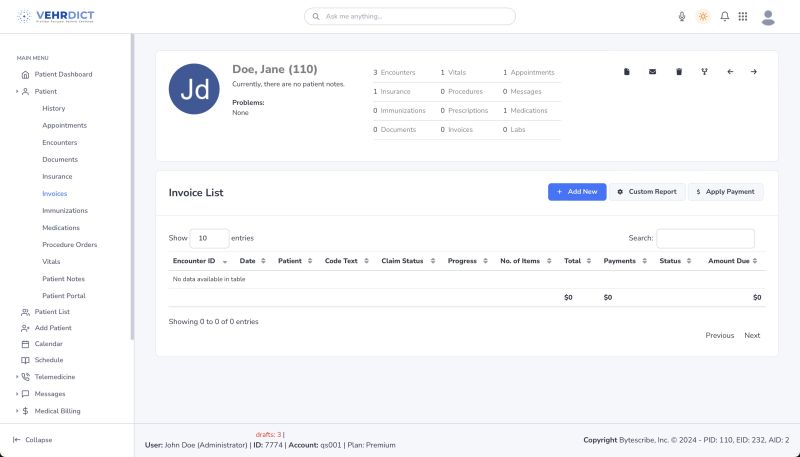 Invoice List – View encounters, claim statuses, total charges, payments, and balance due.