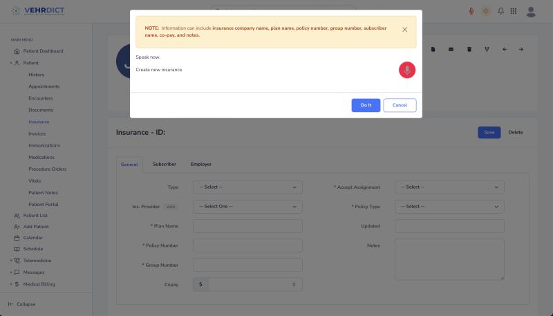 Voice Assistant – Use voice commands to fill insurance data quickly.