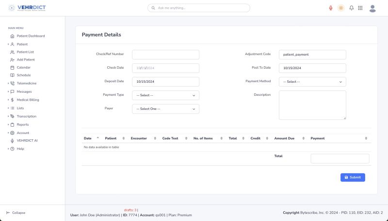 Apply Payment Screen – Enter and reconcile payment details from insurance payers.