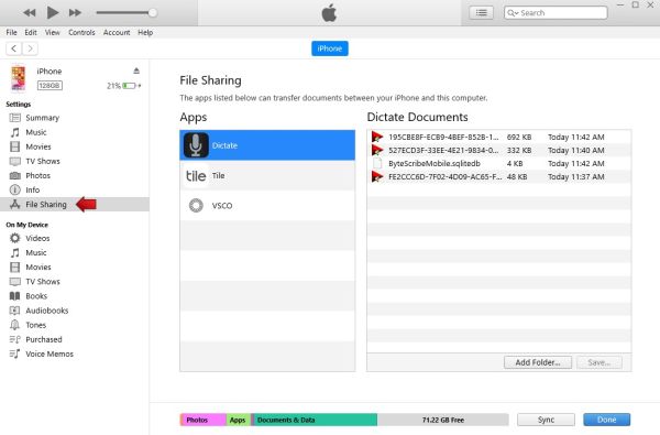 Step 4 – Navigate to File Sharing and select the app.