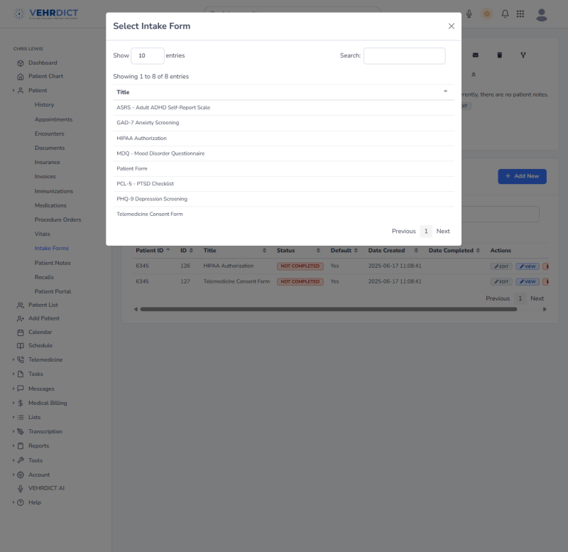 Select Intake Form – Choose from predefined form templates to assign to a patient.