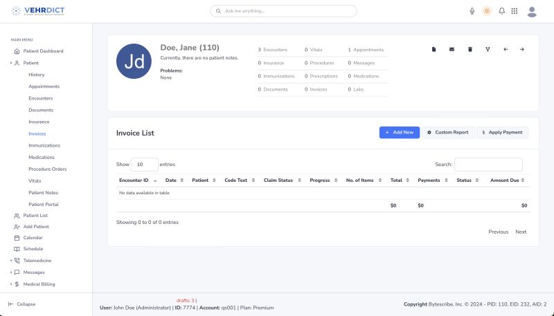 Invoices Tab – View, add, or edit patient invoices.